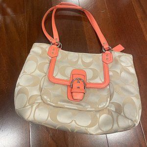 Coach purse cream and pink-coral. 15" long by 12" tall